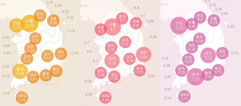 사진 좌측부터 개나리·진달래·벚꽃 개화 시기 (출처 웨더아이)