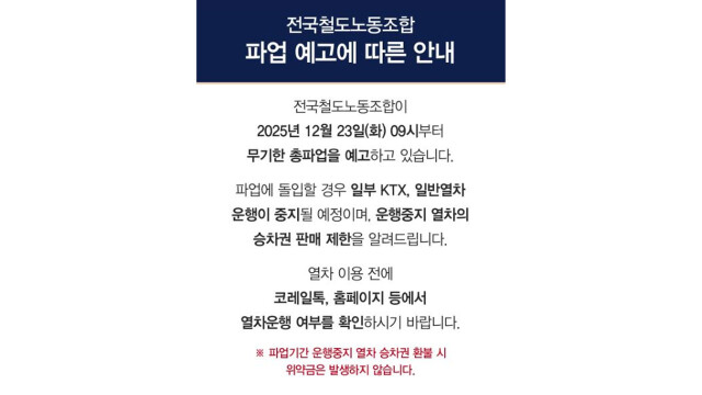 12월 23일 철도노조 무기한 총파업···대구 지역 열차 운행률 70% 수준