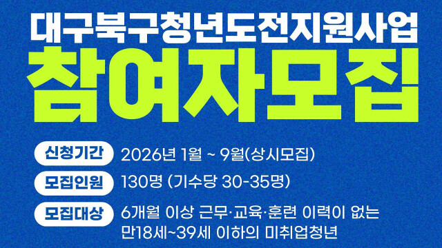 대구 북구, 청년 도전 지원 사업 참여자 130명 모집