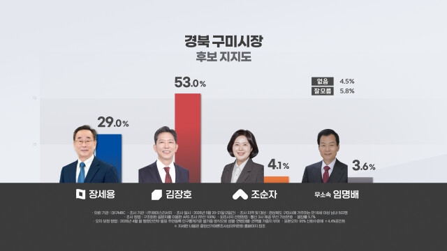 [대구MBC] 경북 구미시장 여론조사, 김장호 53%·장세용 29%···김장호 오차범위 밖 '우세'