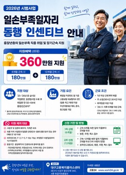 대구노동청, 일손 부족 업종 취업 중장년에 최대 360만 원 지원