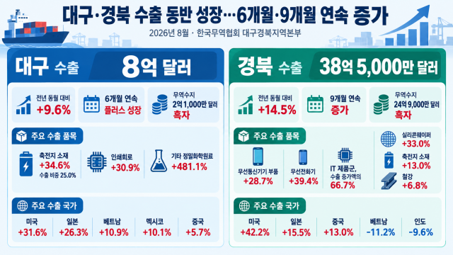 8월 대구·경북 수출 동반 증가···대구 6개월·경북 9개월 연속 플러스 성장