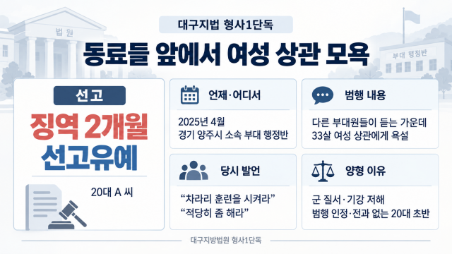 '부대원들 앞에서 여성 상관에 욕설한' 20대, 징역 2개월 선고유예