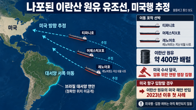 블룸버그 "이란산 원유 운반 유조선, 미 해군에 나포돼 미국으로 향해"
