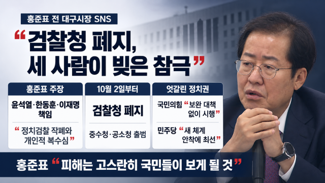 홍준표 "검찰청 폐지는 윤석열, 한동훈의 정치검찰 작폐와 이재명 대통령의 개인적인 복수심이 빚어낸 참극"