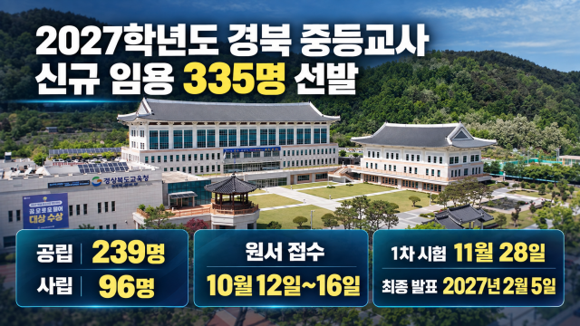 경북교육청, 2027학년도 중등교사 335명 선발···11월 12일부터 원서 접수