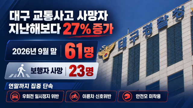 대구 교통사고 사망자 61명으로 23% 증가···교통안전 대책 추진