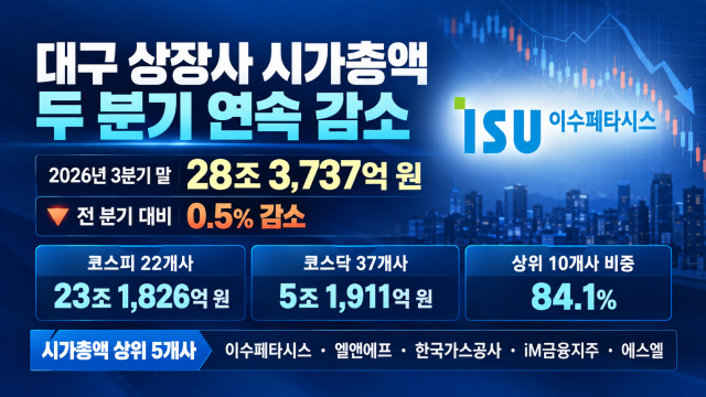 대구 지역 상장사 시가총액 2분기 연속 하락···이수페타시스 1위 유지