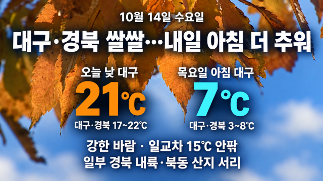 찬 공기 남하에 대구·경북 기온 '뚝'···"내일 더 쌀쌀"