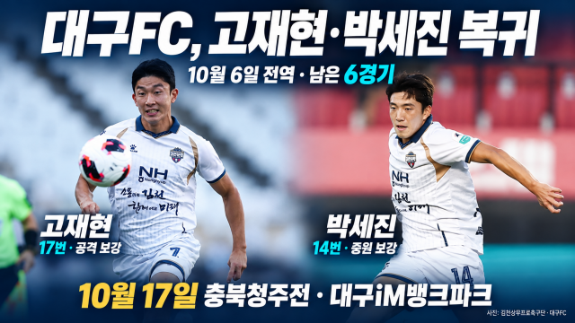 '고재현·박세진' 전역 합류···확실한 전력 보강 대구FC